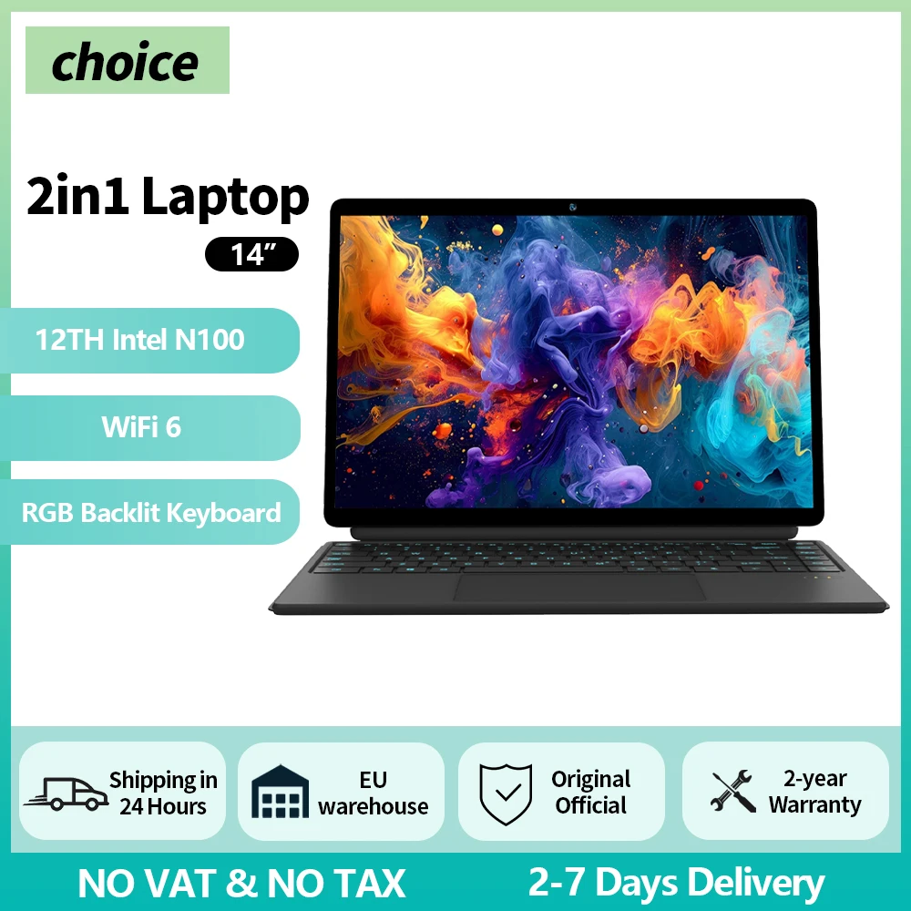 Laptop-Touchscreen 2-in-1-Tablet Intel N100 14 Zoll FHD 16 GB DDR5 + 512 GB SSD WLAN 6 RGB-Tastatur mit Hintergrundbeleuchtung Windows 11 Pro