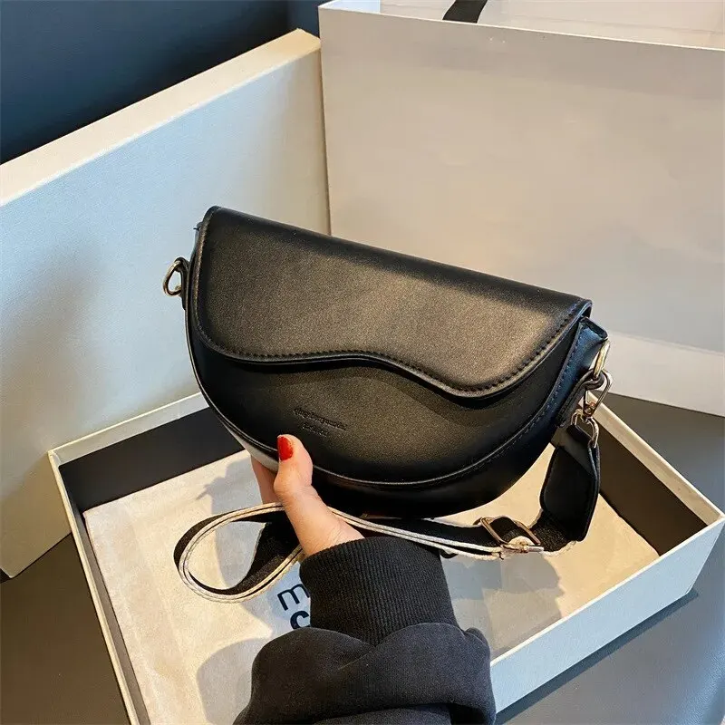 Dames Vintage Effen Kleur Flap Klein Zadel Schoudertas Onderarmtas Mode PU Leer Brede Band Crossbody Tas