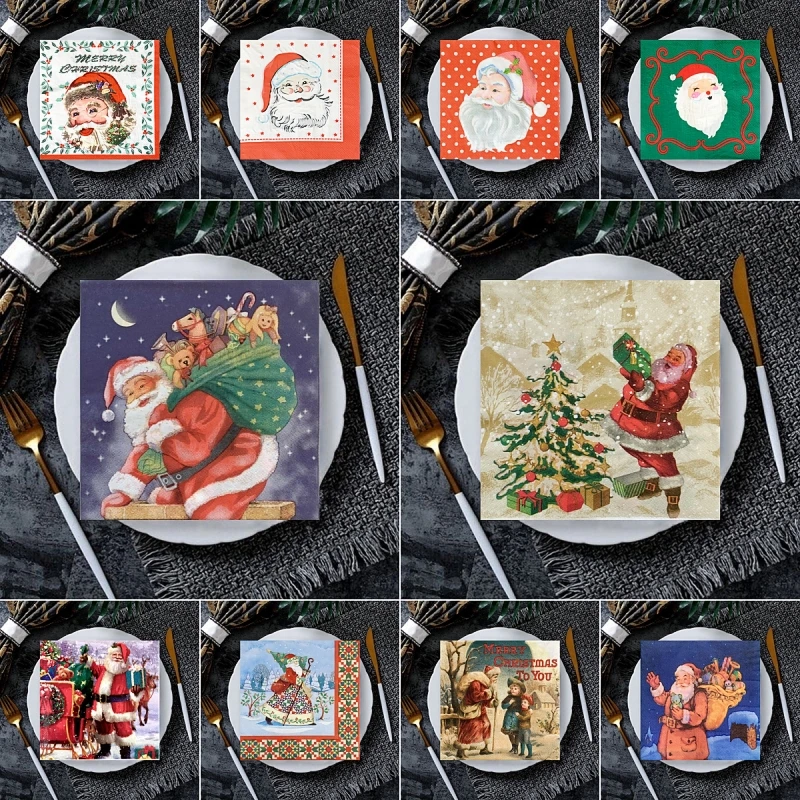 20 buah/tas serbet kertas Selamat Natal serbet Decoupage Santa Claus Xmas untuk peralatan makan pesta Natal dekorasi rumah 2025 panas