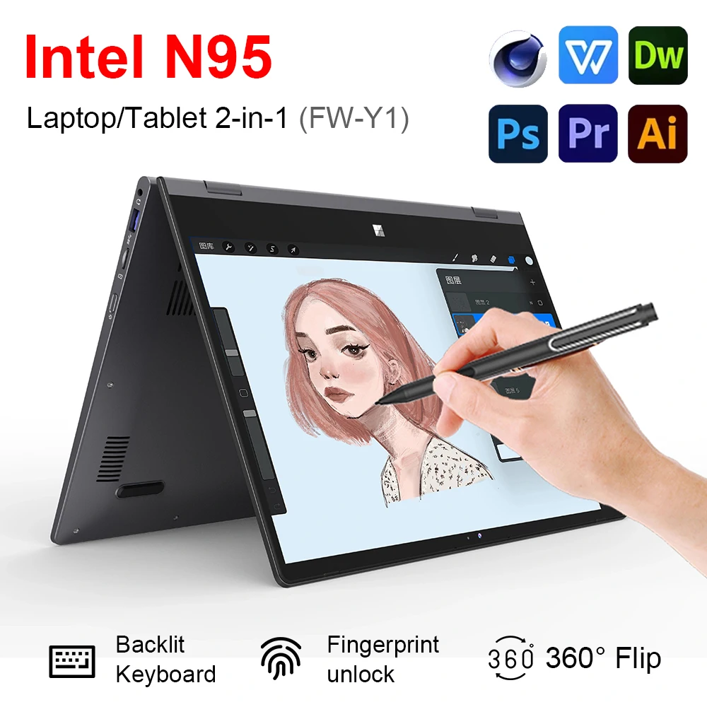 FW-Y1 14 inch Mini Laptop Intel N95 32GB DDR4 2TB SSD 6000 mAh Tablet 2-in-1 2.5K 2560x1440 Touch 360° Flip Office Study Netbook
