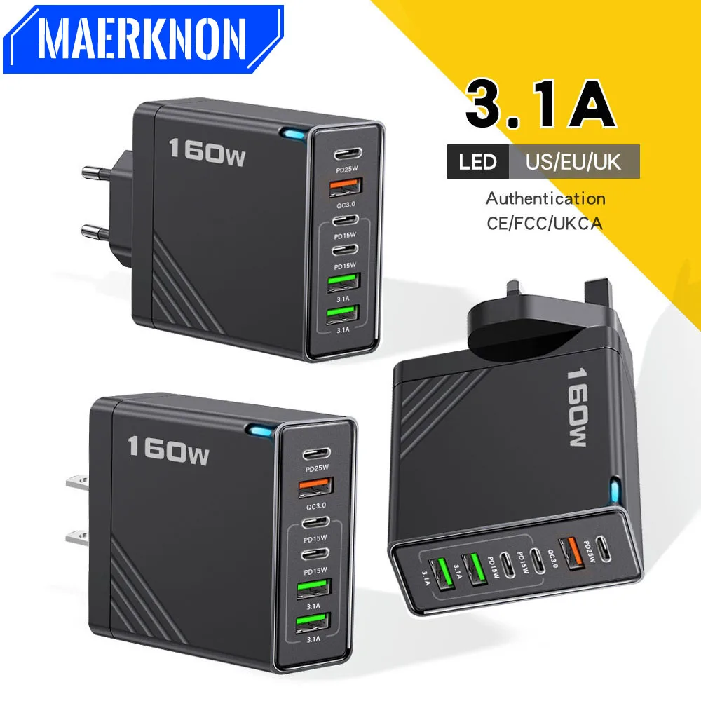 Cargador USB multipuerto de 160W tipo C, carga rápida, cargador de pared con enchufe UE/EE. UU. para iPhone, Samsung, Xiaomi, Huawei, adaptador de cargador de teléfono