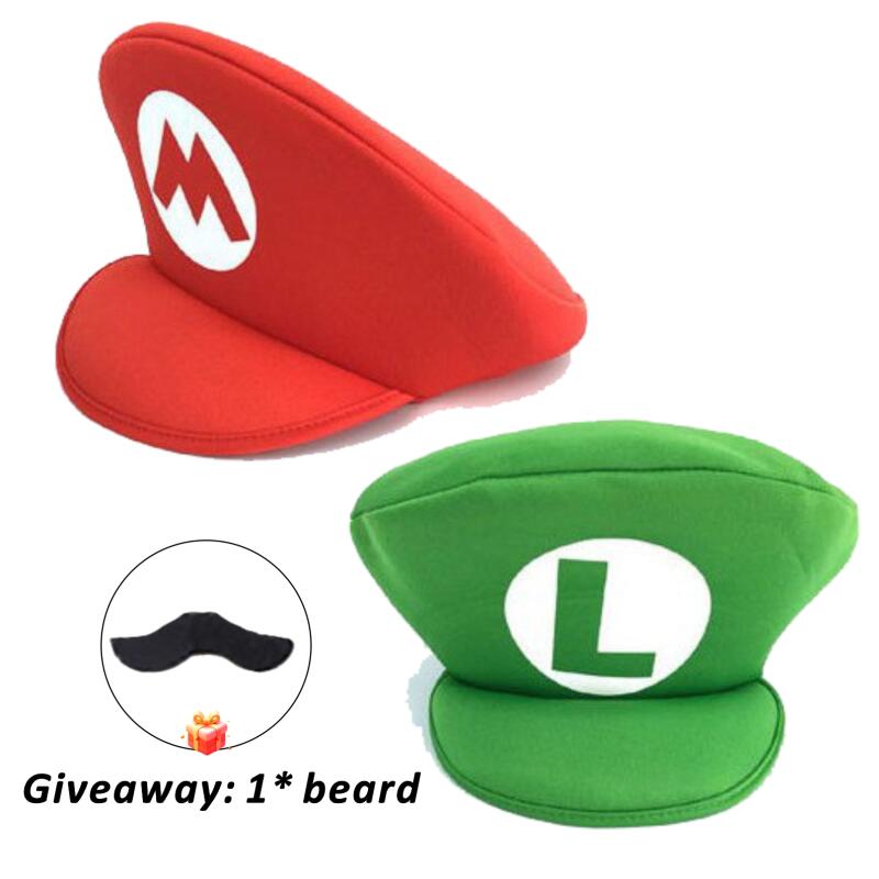 Super Mario Brothers Luigi Cosplay Hut für Erwachsene Kinder Halloween Anime Cartoon Spiel Rot Grün Kappe Kostenloser Bart Geburtstag Party Geschenke
