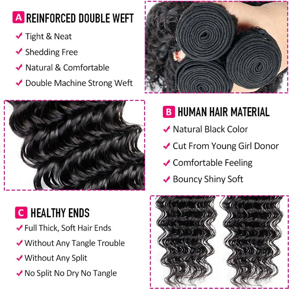 Brasileiro Remy Cabelo Weave com Fechamento, Onda Profunda Bundles, Extensões de Cabelo Humano, 4x4, Alta Qualidade
