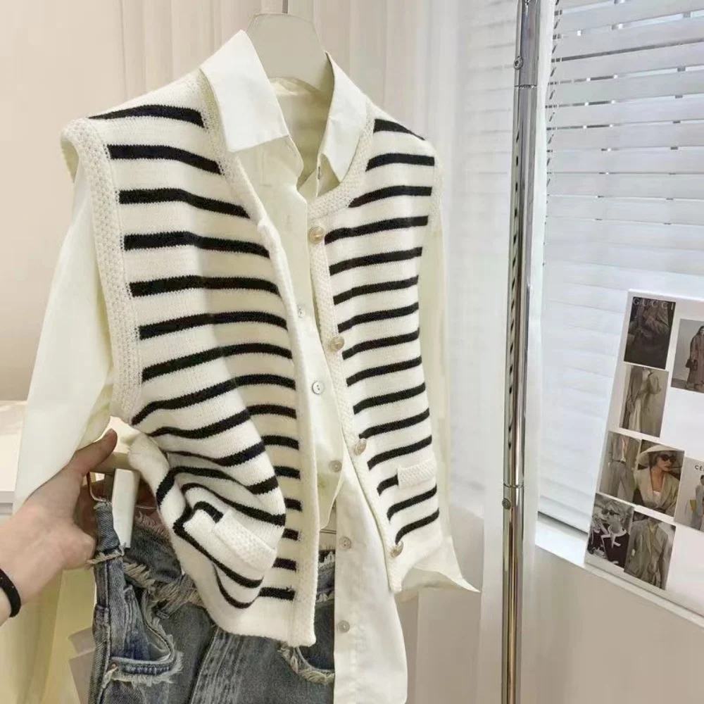 เกาหลีElegant Chicถักเสื้อกั๊กลายสบายๆหวานOffice Ladyเสื้อสเวตเตอร์ถักเสื้อกันหนาวผู้หญิงVINTAGE Basic Tank Top Outerwears