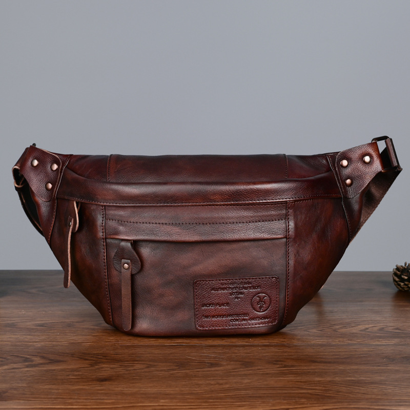 First Layer Cowhide Chest Bag Men's Real-Leather Leisure Pack Shoulder Bag Solid Color Retro Crossbody Bags  Waist Pack