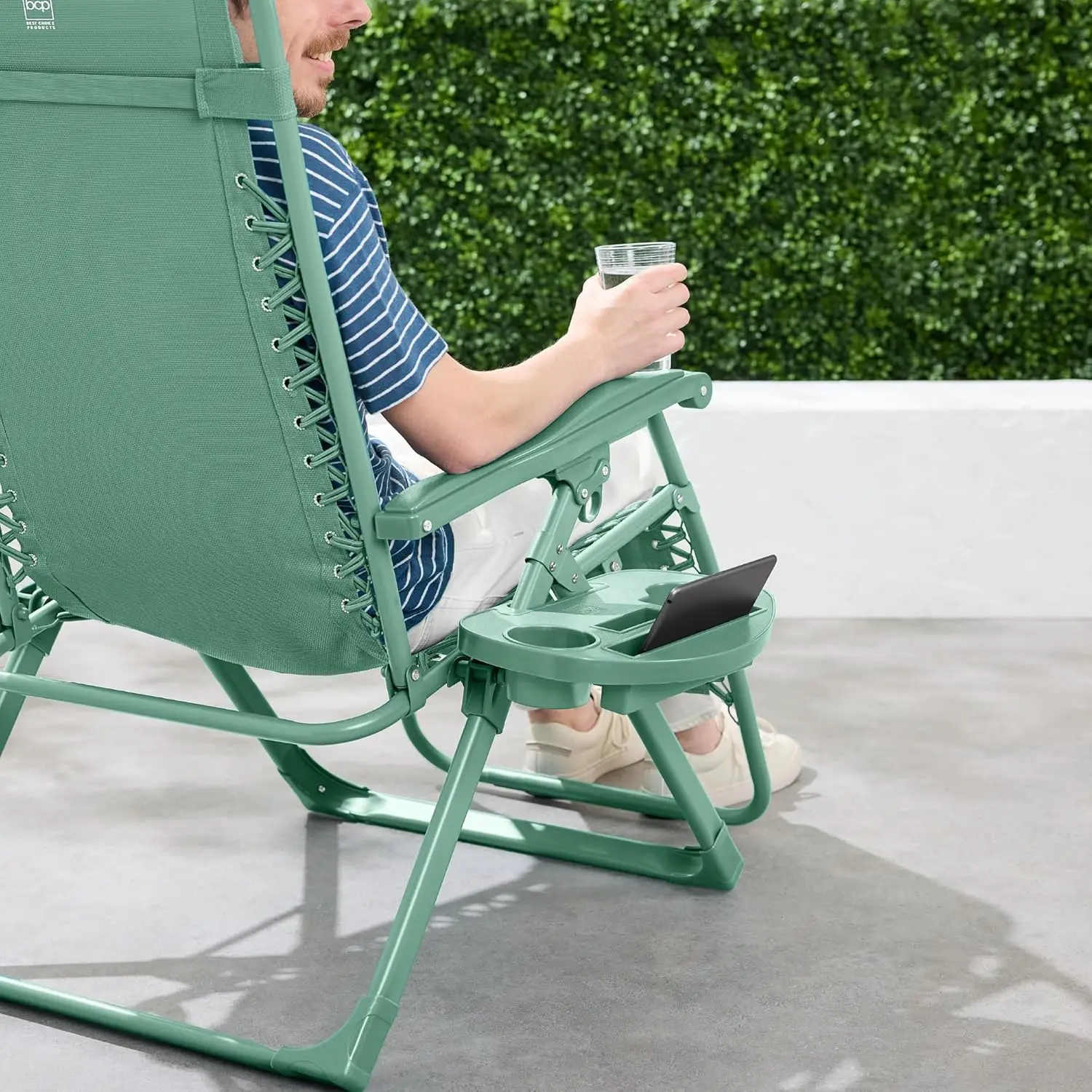Adjustable Premium Color Zero Gravity Chair, Monochromatic Folding Patio Recliner w/Side Tray, Headrest - Seafoam