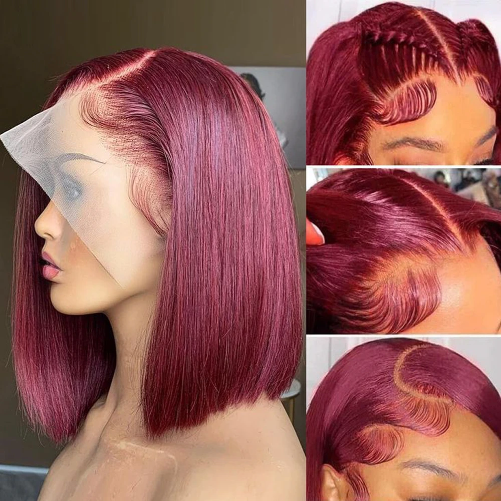 Cabelo humano em linha reta bob perucas 100% cabelo humano 99j cor borgonha sem cola bob peruca bob brasileiro em linha reta frente do laço humano