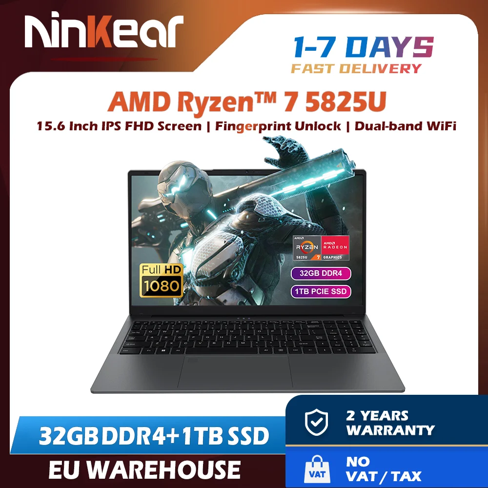 Ninkear A15 Plus Gaming Laptop Computers AMD Ryzen™ 7 5825U 4.5Ghz 15.6' FHD IPS 32GB DDR4 + 1TB SSD Backlit Keyboard FP Unlock
