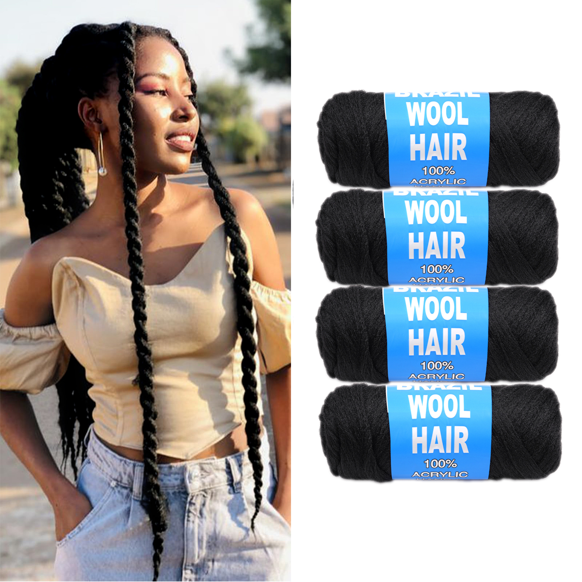 女性のための合成かぎ針編みのヘアエクステンション,ブラジルのウールの人工毛,アフリカの髪,ストランド,偽の髪,4パック