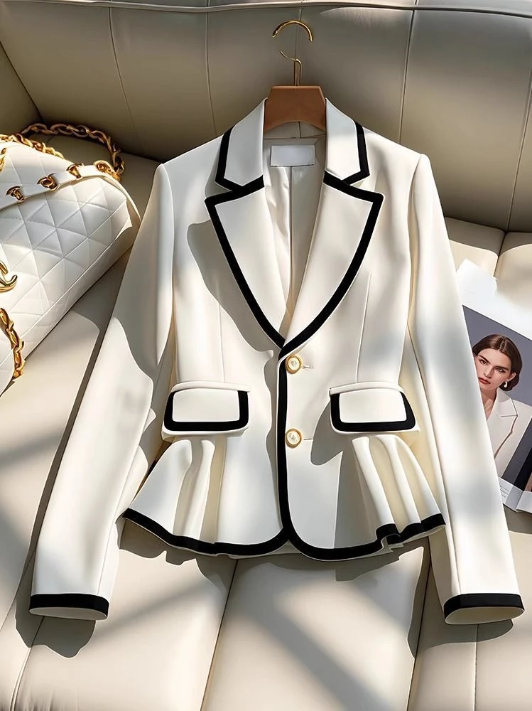 ภาษาฝรั่งเศสคํา Elegant Blazers Notched คอยาวแขนยาว Ruffles Contrast สีเสื้อฤดูใบไม้ผลิฤดูใบไม้ร่วงหญิง Slim Design เสื้อผ้าผู้หญิง