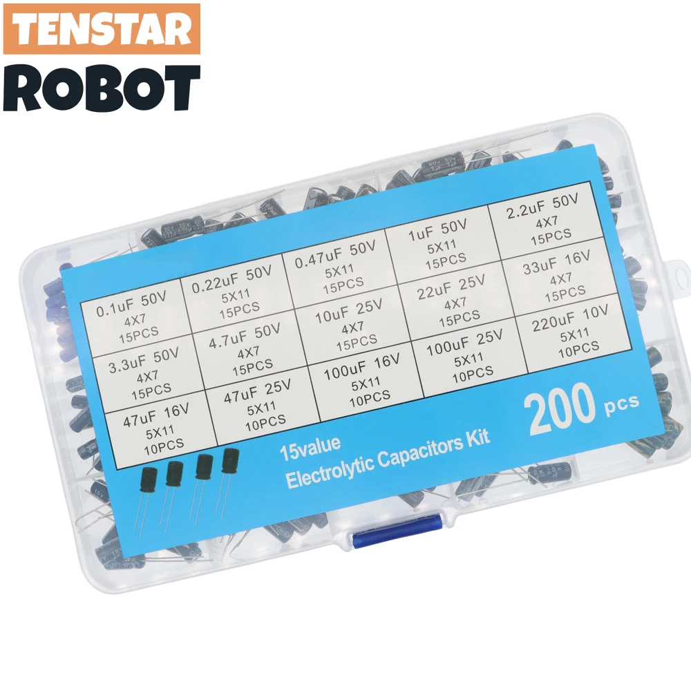 200pcs/lot Radial capacitors set 15Values 10V 16V 25V 50V 0.1uF-220uF Electrolytic Capacitor Assortment Kit 0.22uf 2.2uf 100uf