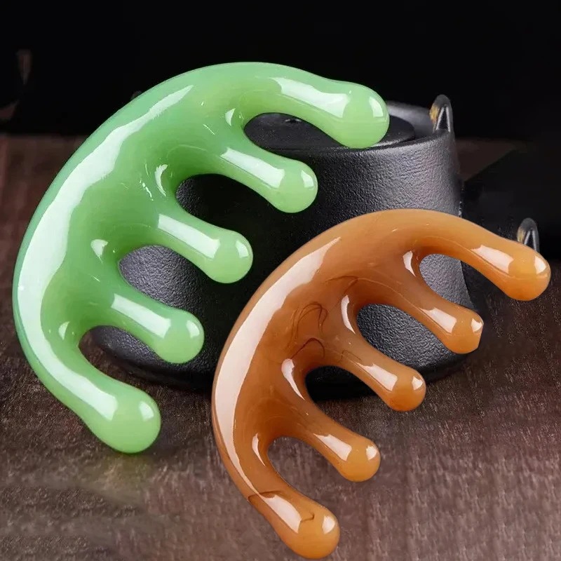 1 PC สีเหลือง/สีเขียว 5 ฟัน Meridian หวีนวด,เรซิ่นขนาดใหญ่-ฟันหัวนวดเครื่องมือ, 5-Paw ครึ่งรอบรูปร่างหวี