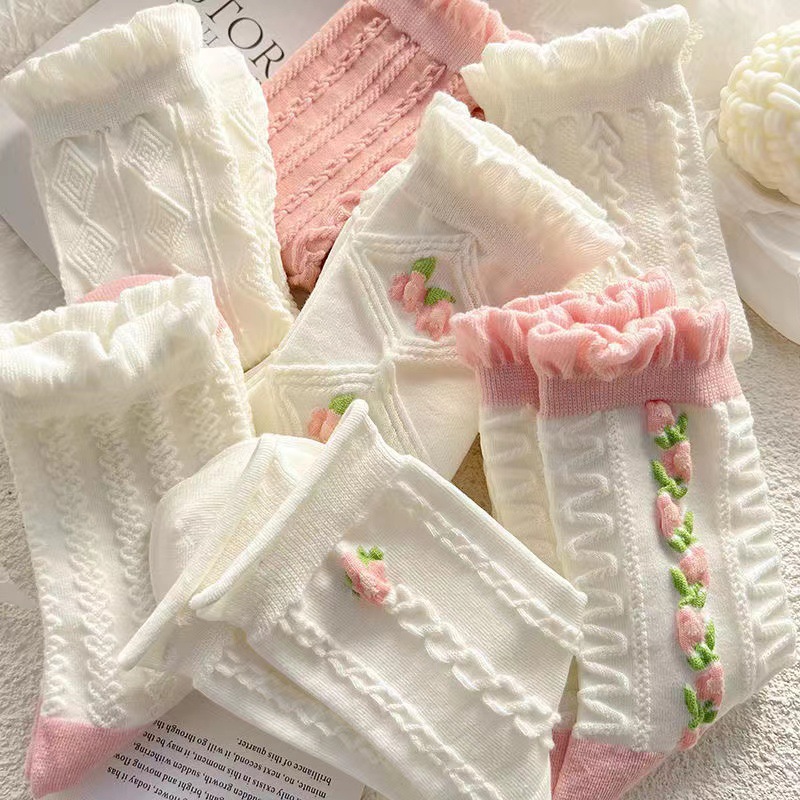 5 paia di calzini a tubo medio in pizzo carino Lolitajk da donna arruffato stile Harajuku autunno inverno morbido Versatile calzini da ragazza alla moda