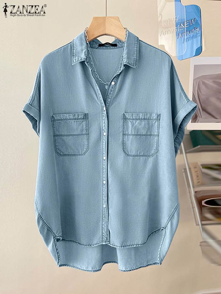 ZANZEA 2024 Elegante Kurzarm Denim Blau Bluse Frauen Casual Solide Lose Tops Tees Sommer Button Up Revers Übergroßen Blusas
