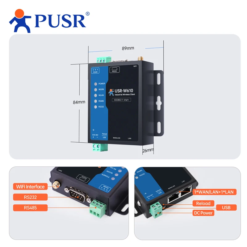 PUSR Serial RS485 RS232 para WiFi Conversor Industrial Sem Fio Cliente Modbus Gateway Protocolo MQTT USR-W610 (Versão Quualcomm)