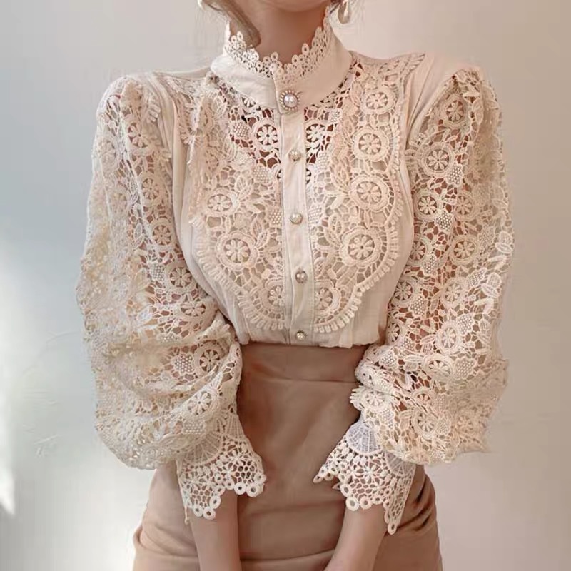 Elegant Lace Tops Embroidery Hollow Out Solid Stand Collar Female Tunic Plus Size Petal Sleeve Spring Womens Tops And Blouses