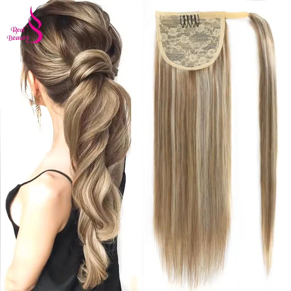 Beleza real em linha reta cabelo humano laço mágico rabo de cavalo 100% remy cabelo humano envoltório em torno de rabo de cavalo extensão para preto