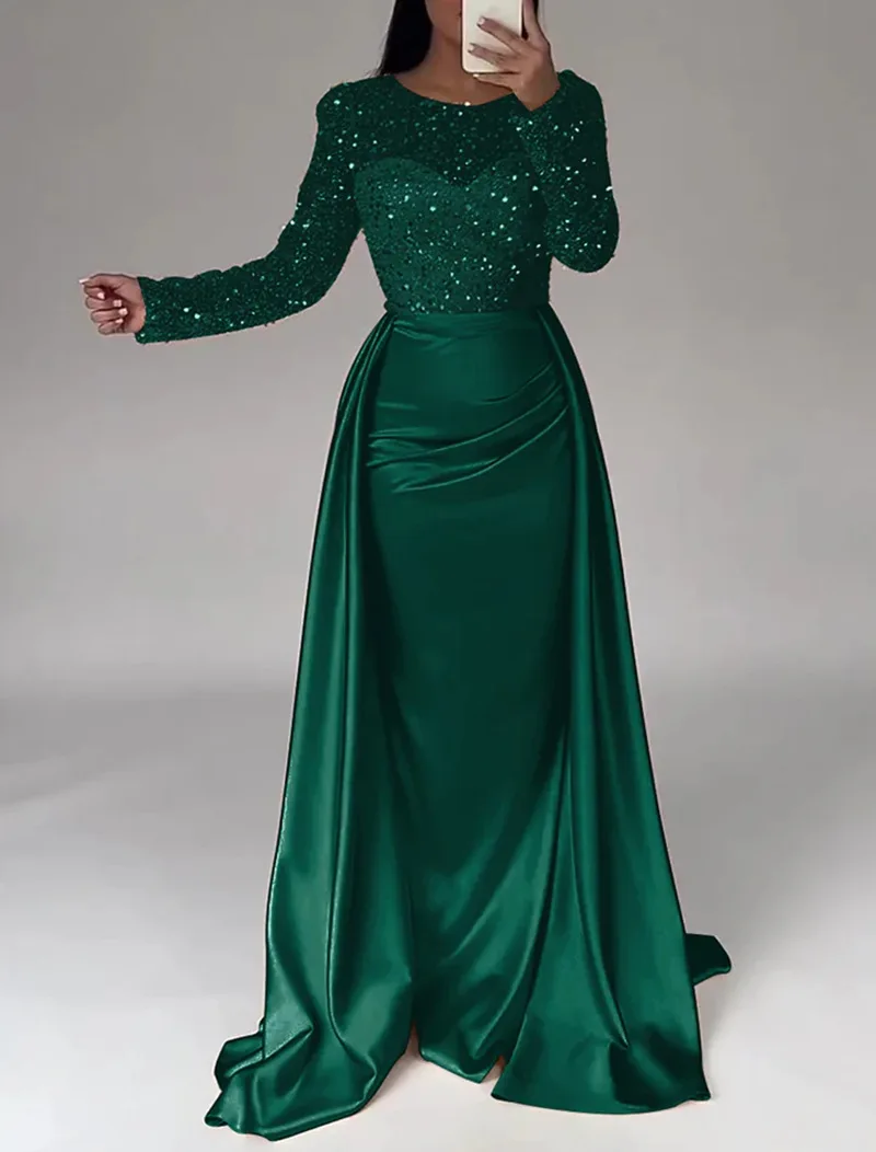 Luxus Pailletten Abend Party Kleid Frauen Mode Langarm Plissee A-linie Formale Prom Kleid Chic O Kragen Kleid Bankett Kleid