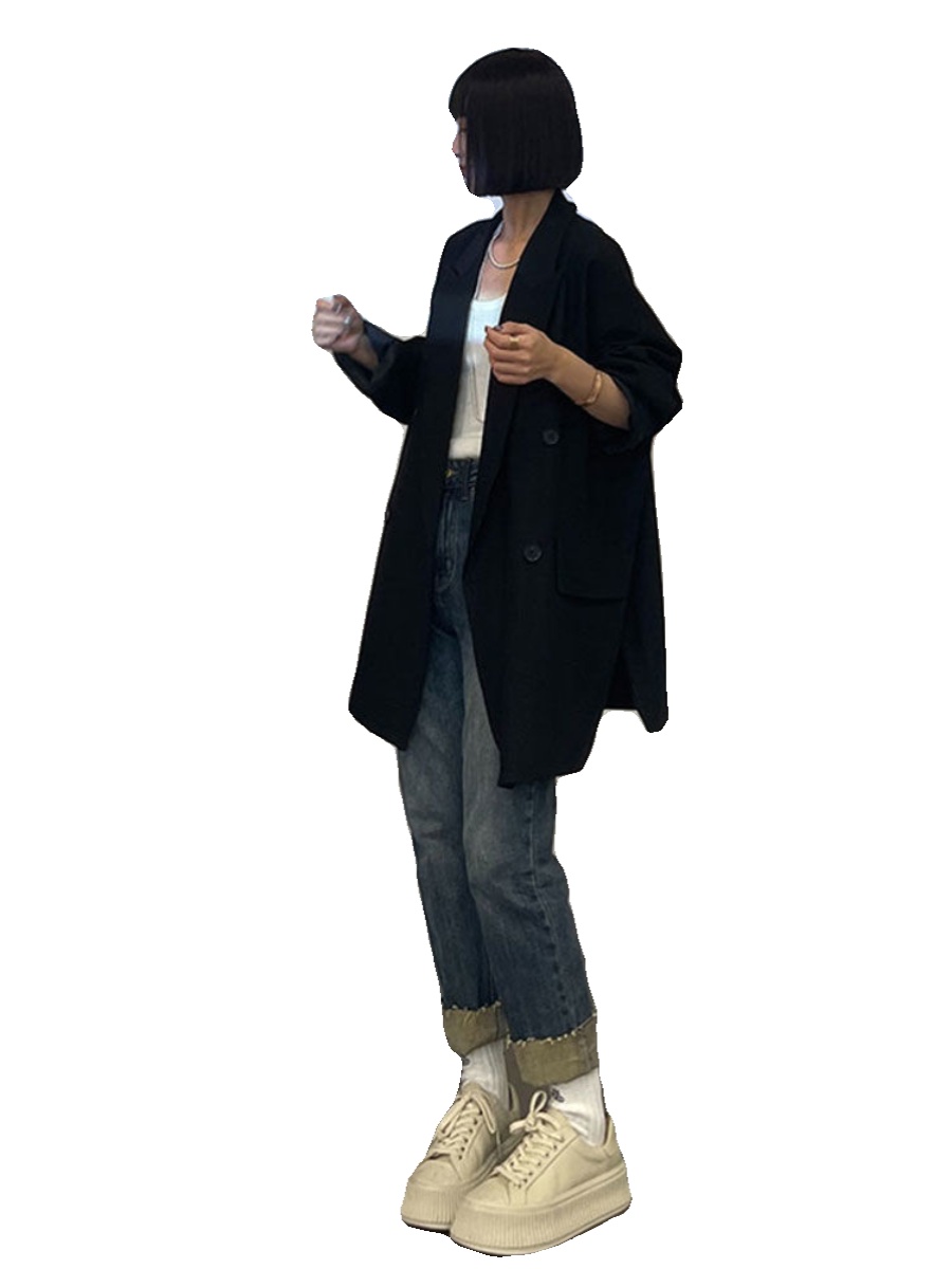 Plus Size plus Size Black Suit Jacket for Women Casual Mid-Length Korean Sle Long Sleeve Polyester Fiber Autumn Fashion Outer...