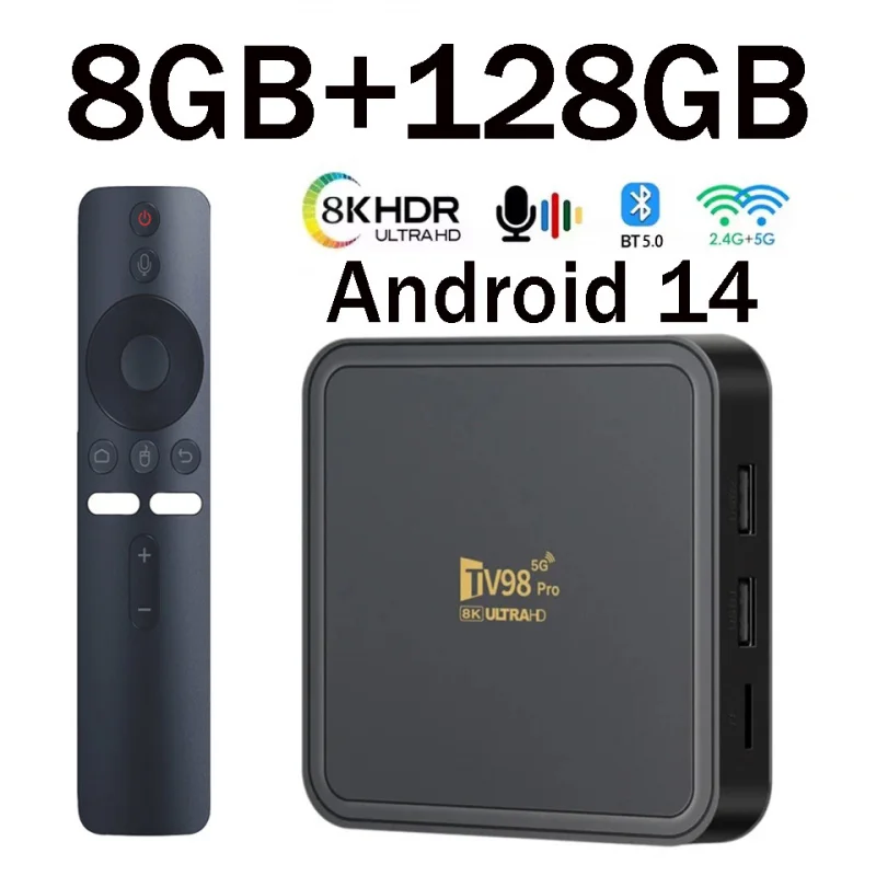TV98 Pro TV Box Android 14 compatible con HD 8K 4K WiFi 4G 5G reproductor multimedia remoto por voz 8GB 128GB Allwinner H313 Quad Core iptv