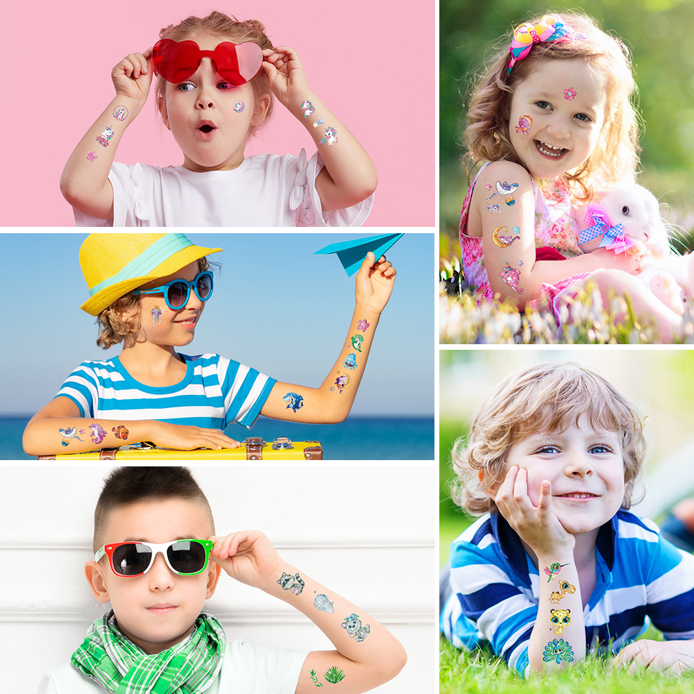10 hojas/juego de pegatinas de tatuaje con purpurina colorida para niños, tatuajes falsos temporales de animales de dibujos animados, unicornio, mariposa, regalo para niños
