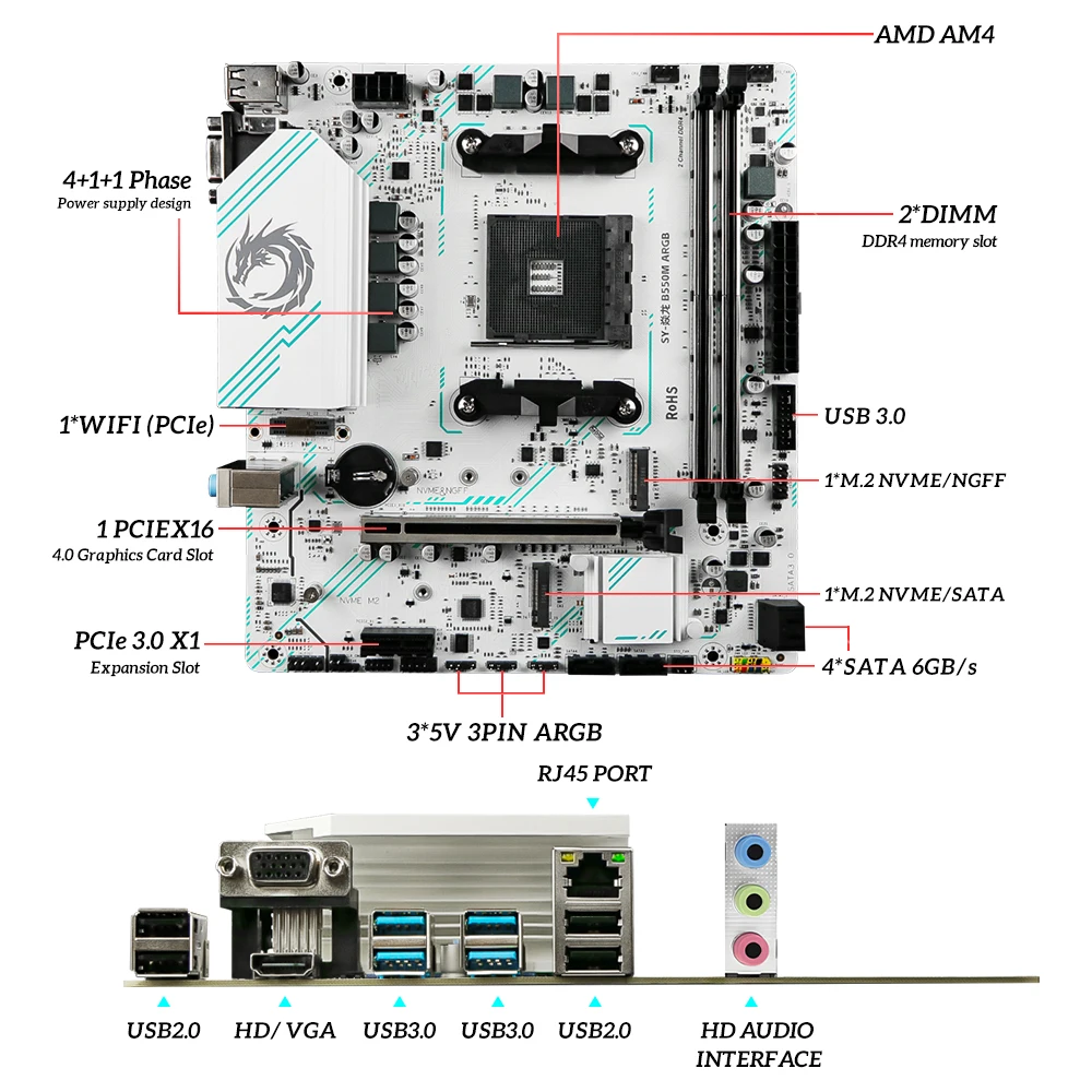 SOYO World Premiere AMD B550M Gaming Motherboard USB3.2 PCIE3.0 M.2 NVME Dual Channel DDR4 AM4 Socket supports Ryzen 5700X CPU