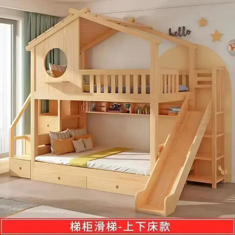 Casa na árvore beliche segundo andar alto e baixo mãe e criança menino e menina armário de madeira maciça cama infantil