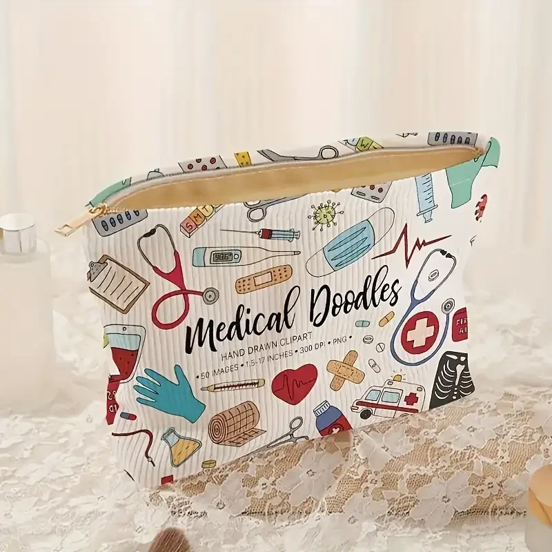 Medizinische Make-up-Tasche aus Cord mit Graffiti-Aufdruck, leichte Make-up-Aufbewahrungsbox mit Reißverschluss, multifunktionale Tasche mit Futter