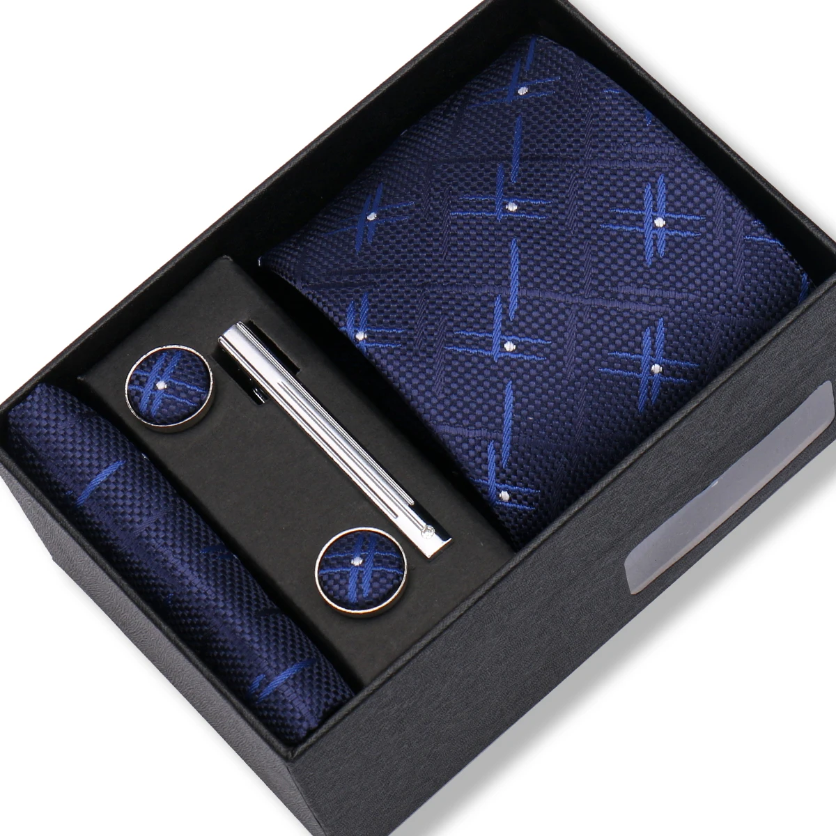 Hochwertiges Krawatten-Set, Geschenkbox, Krawatte, Einstecktücher, Manschettenknöpfe, Krawattenklammer-Set mit schwarzer Box, Herren-Geburtstagsgeschenk, Gravatas-Zubehör