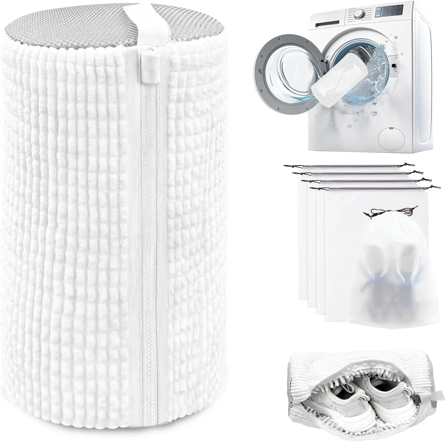 Machine Washable Shoe Washing & Drying Bag with Soft Fiber - Durable Polyester Laundry Protector for Shoes Adjustable Strap