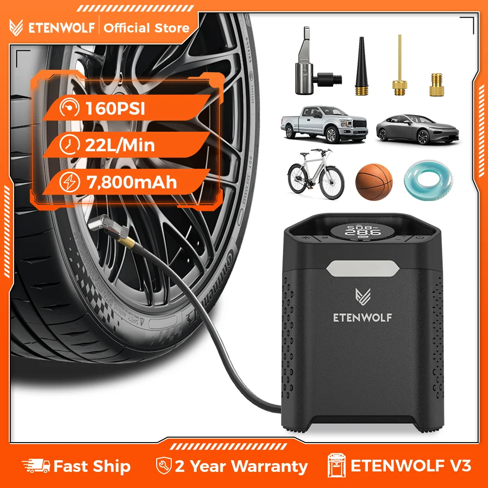 Новый портативный насос для накачки шин ETENWOLF V3, 160 фунтов на квадратный дюйм, автомобильный компрессор, 100% рабочий цикл, 7800 мАч, воздушный насос для автомобилей, мотоциклов, велосипедов