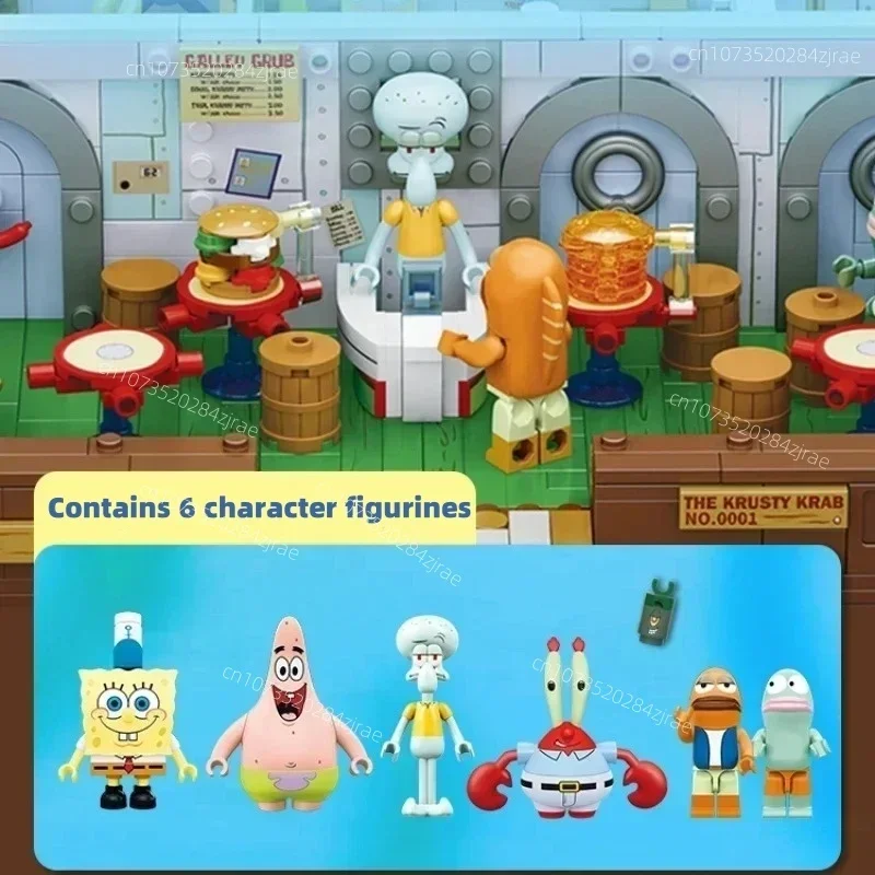 Bloc de construction Bob l'éponge, dessin animé Krusty Krab, modèle de scène de restaurant créatif, jouet d'assemblage Patrick Star, cadeau d'anniversaire pour enfants