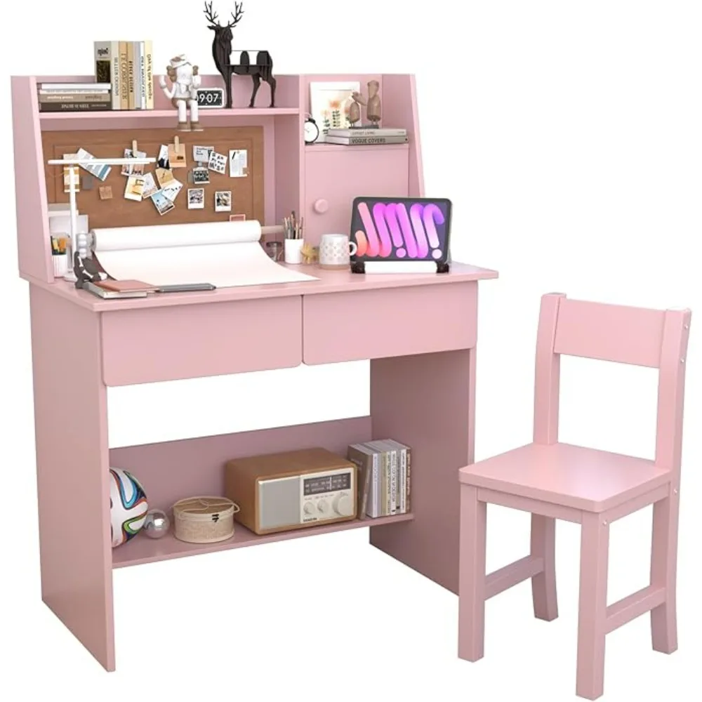 Kids Desk and Chair Set , Childrens Computer Desk with Drawers and Storage Shelf, Kids Study Table with Charging Station
