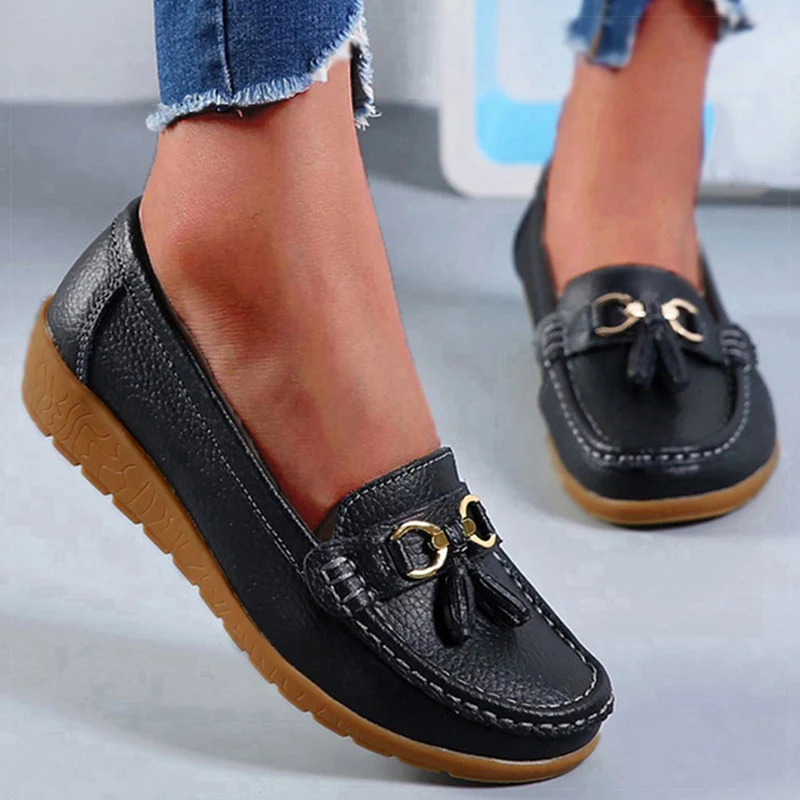 Echtes Leder Frauen Wohnungen Mode Lässig Frauen Schuh Mokassins Schuhe Frau Slip Auf Flache Schuhe Schwarz Damen Schuhe Plus Größe