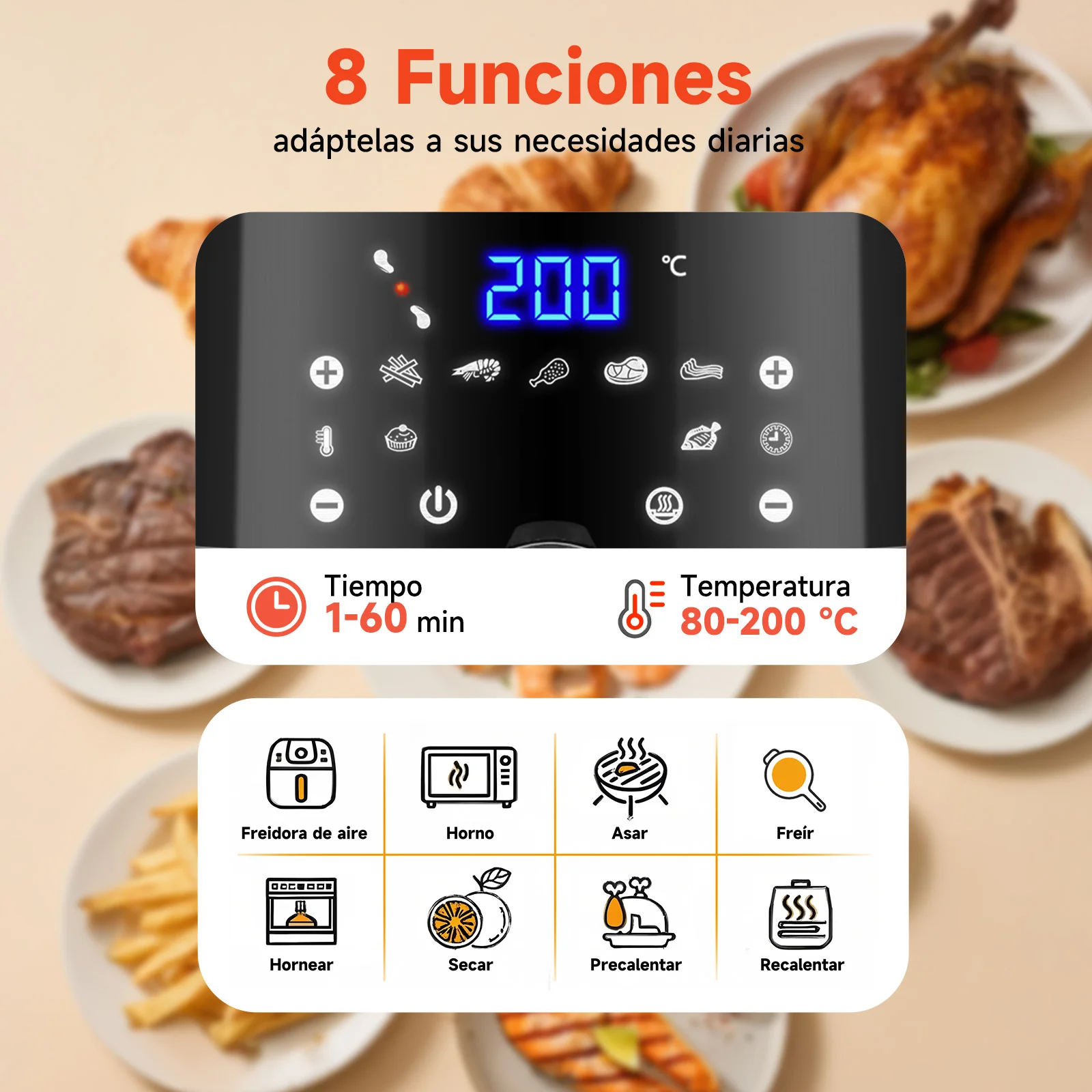 AIGOSTAR Freidora de Aire sin Aceite 7L,1900W, Inteligente. Conexión Wifi.Pantalla LED táctil, 7 funciones preestablecidas + mantener caliente y modo manual, Libre de BPA