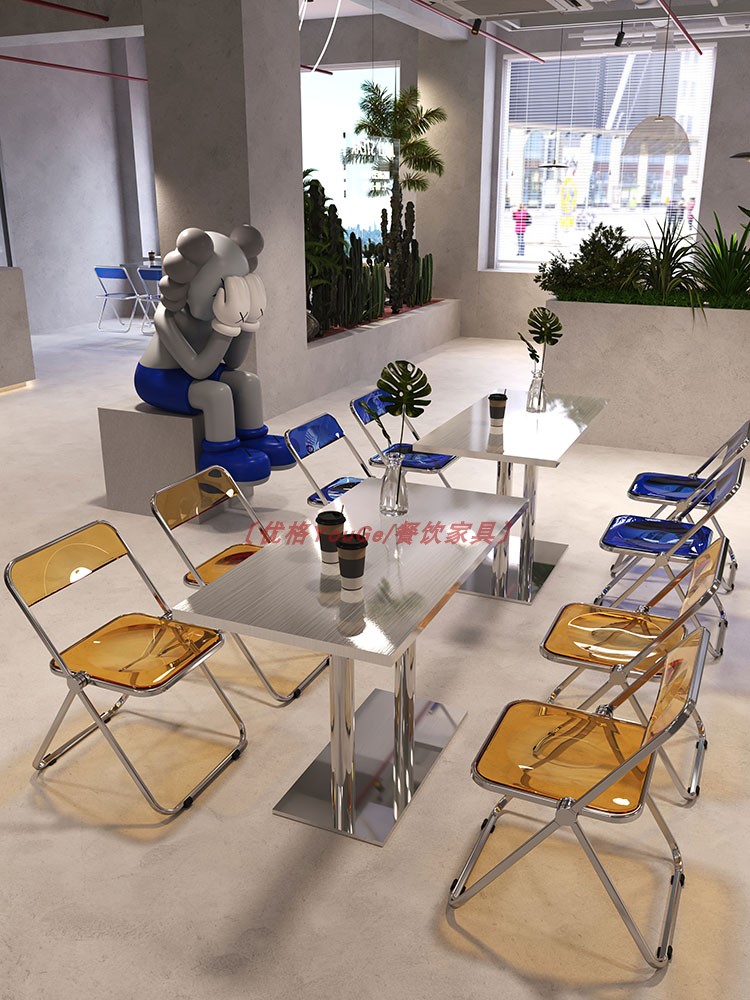 Combinación de mesa y silla de acero inoxidable, cafetería de estilo Industrial, tienda de té con leche, famosa en internet