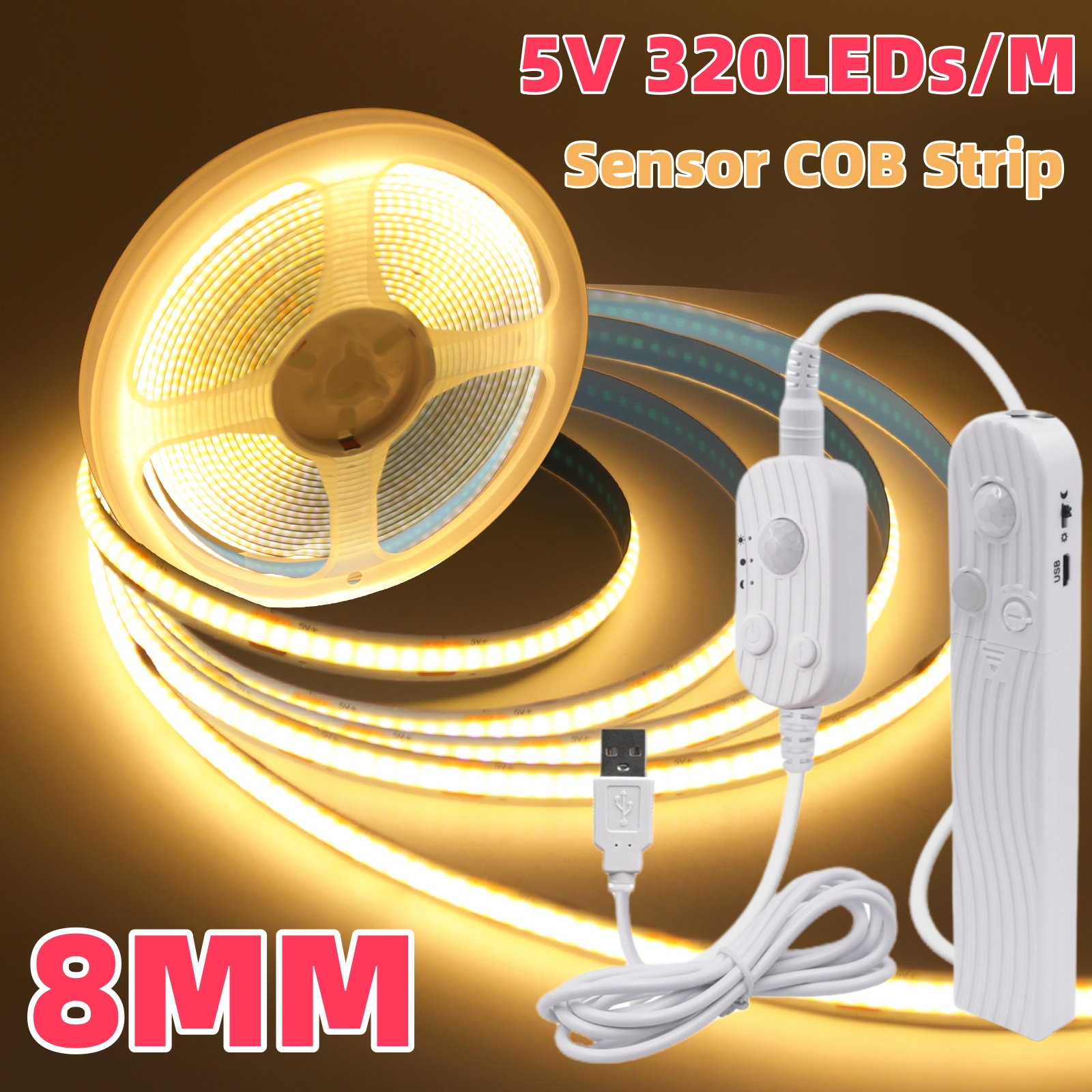 Caja de batería regulable de 5V, tira de luz LED COB USB, Sensor de movimiento PIR, cinta LED Flexible de 320LEDs/M para escalera, armario y cocina