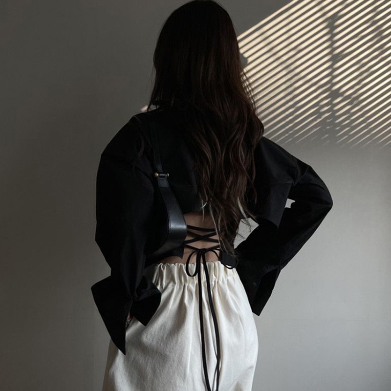 Gidyq 韓国包帯シャツ女性のファッション背中の開いたセクシーなブラウスオフィスレディースカジュアルスリムシックなターンダウン襟長袖トップス