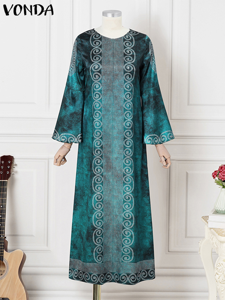 プラスサイズ VONDA 女性ヴィンテージマキシロングドレス 2024 ボヘミアンプリントサンドレスエレガントなフレア長袖ルーズローブカジュアル Vestido