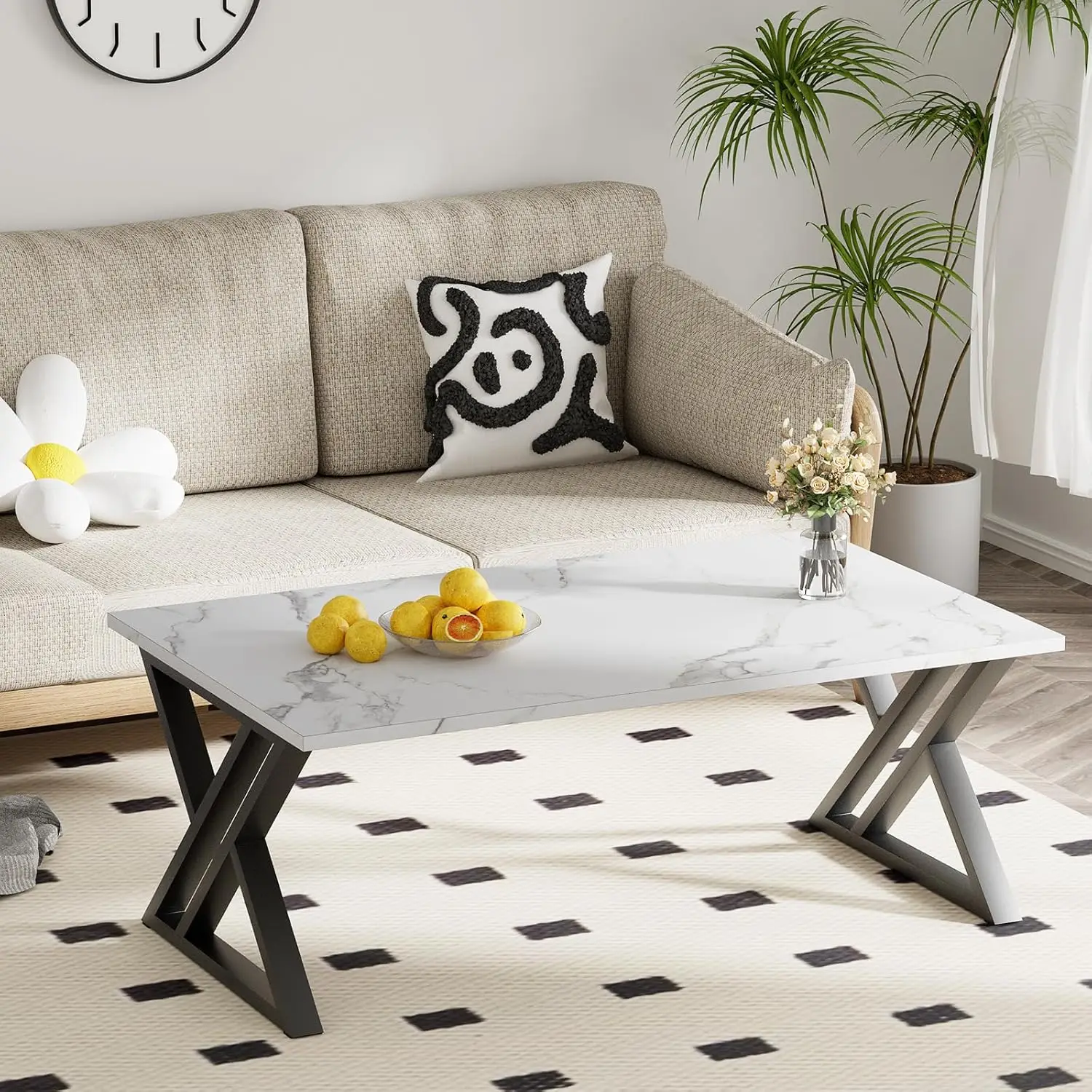 Living Room Table, Center Tea Table, Rectangular Tea Table, End Side Table with Black Metal Frame for Living Room Bedroom Office