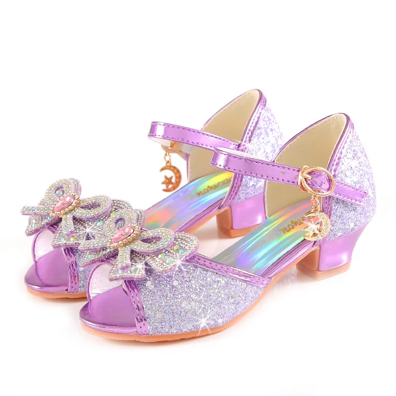 Sandales d'été à talons pour filles, chaussures à paillettes brillantes avec strass, chaussures de danse princesse avec nœud papillon et perles, H876