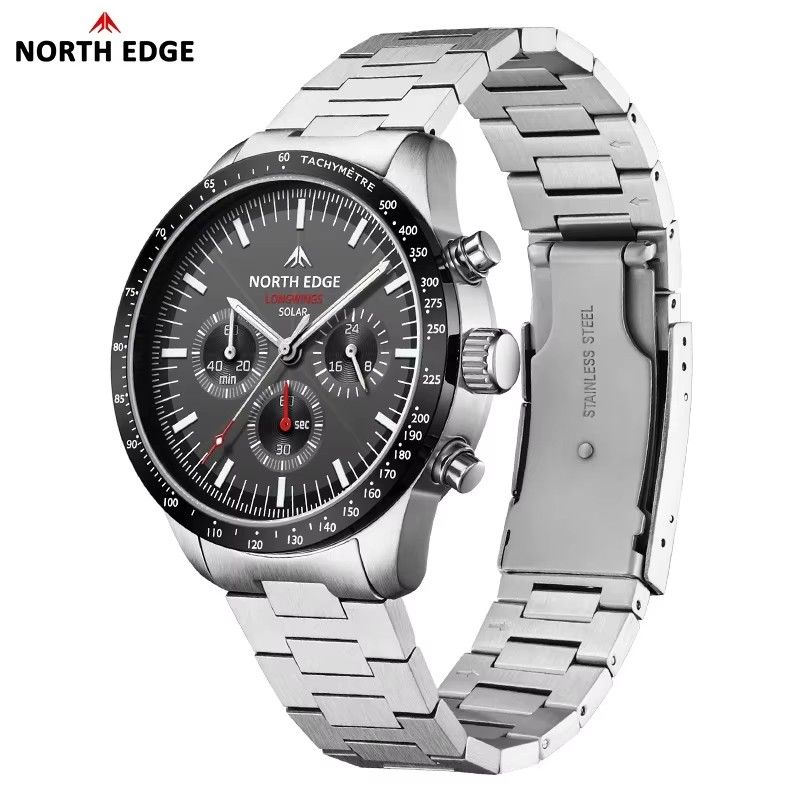 North edge 2025 longwings relógio de quartzo masculino movido a energia solar cronômetro à prova d'água 50m 316 relógio piloto luminoso de aço inoxidável completo