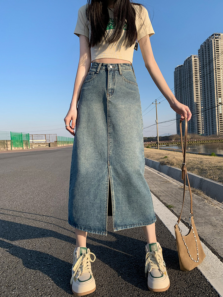 데님 스커트 여성 여름 하이 웨이스트 Bodycon 새로운 빈티지 스트레이트 레그 루즈핏 A 라인 중간 길이 하프 힙 스커트