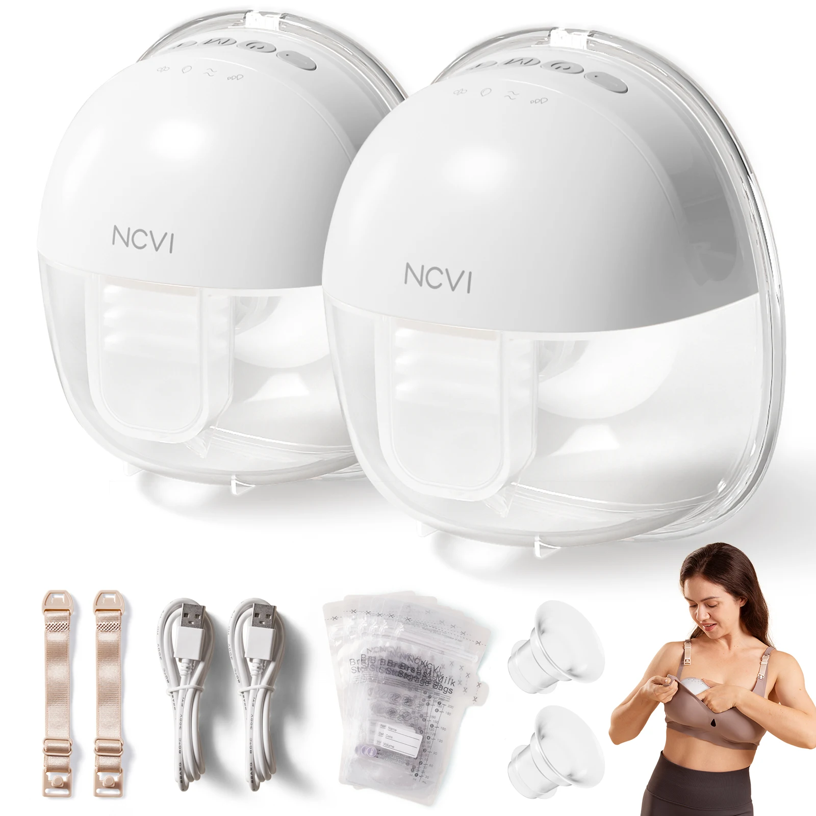 Extractor de leche eléctrico portátil doble NCVI, extractor portátil con 4 modos y 9 niveles, extractor de leche manos libres, ultra silencioso, paquete de 2