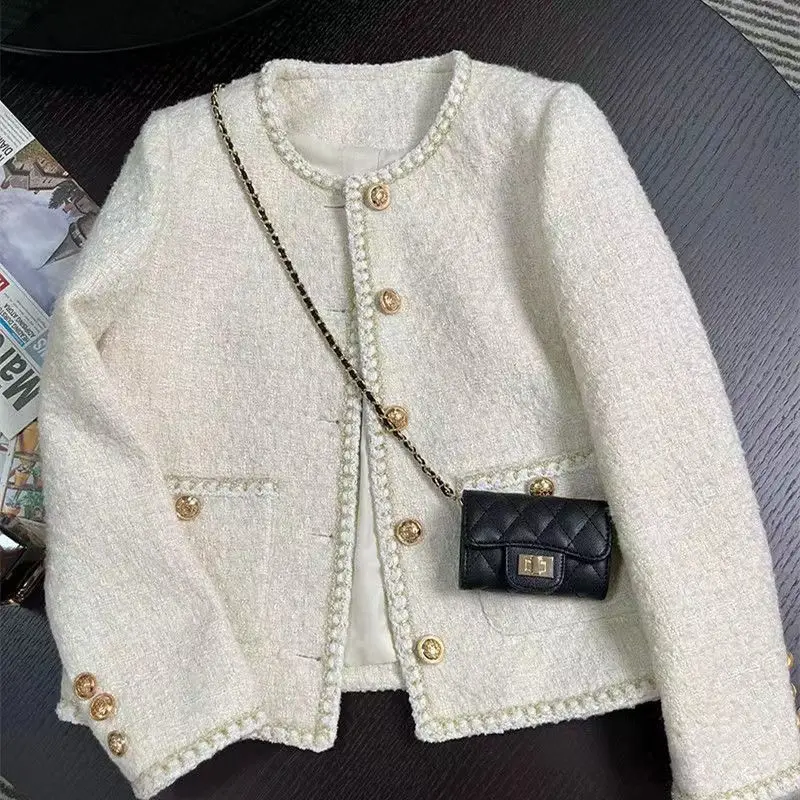 Frühling Herbst Frauen Tweed Jacke Rundhals Woolen Temperament Koreanische Chic Kurzen Mantel Chic Tweed Blazer Oberbekleidung Blazer Frauen