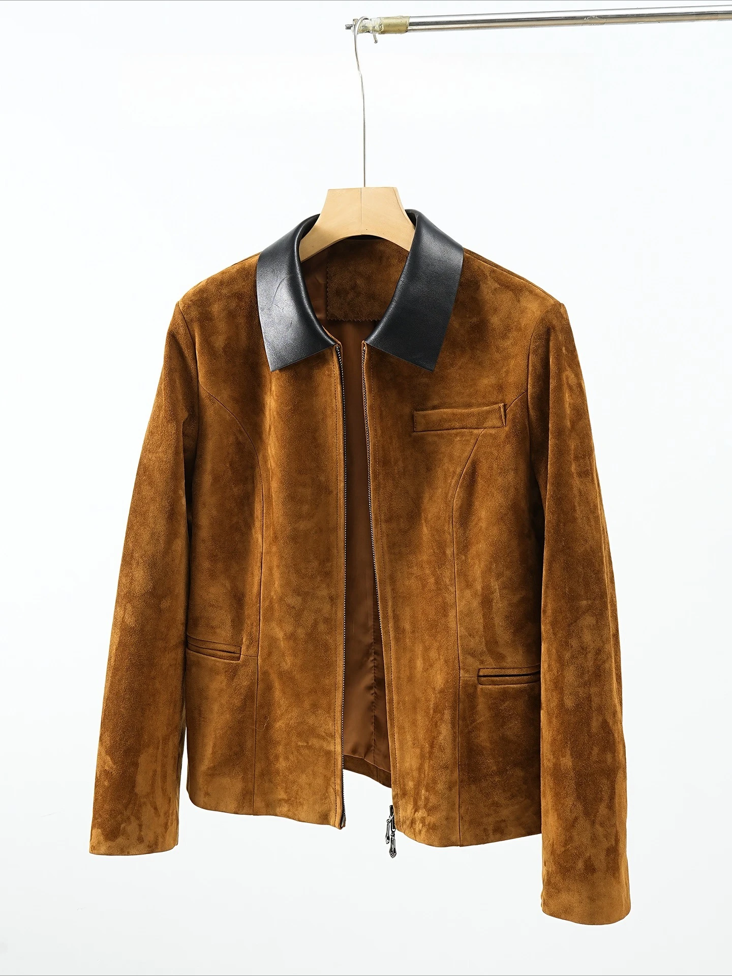 Veste d'hiver rétro en daim 100% cuir pour femme, manteau ajusté avec col et poche, 100% peau de mouton, revers
