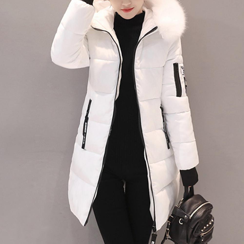 Comprimento médio das mulheres Casaco com capuz, Windproof, Algodão, Zíper, Bolsos, Espessado, Acolchoado, Quente, Inverno