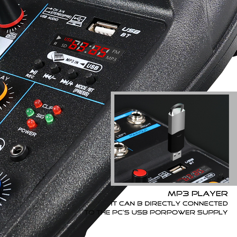 4-Kanal-Mixer DJ-Mischpult mit Bluetooth 48 V Phantom Power Monitor Karaoke-System USB Mixer Audio