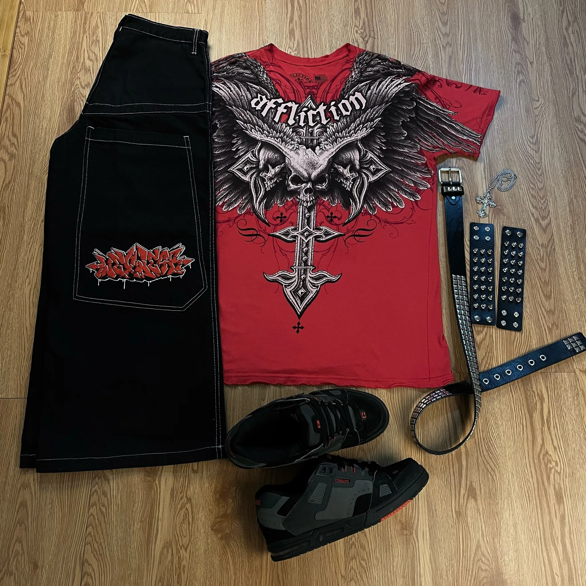 Tapout und Wexwear Anzug Grafik bestickte Jeans Y2K Jeans Trainingsanzug T-Shirt für Männer Streetwear Harajuku schwarze Skateboardhose