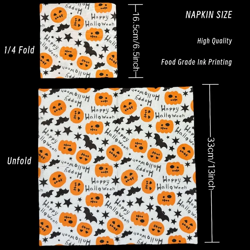 20pcs 33cm 2Layer Full Print Halloween Party Tissue Pumpkin Bat Printed Napkins DIY Decoupage Paper